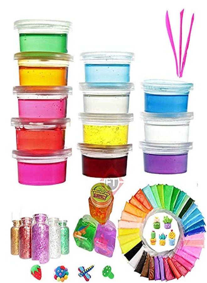 Firstly Traders DIY Jelly Kit with 12 Crystal Slime,3 Toy Slime and 60 Air Dry Clay Combo with Free Glitter and Modelling Tools for Kids Boys and Girls Art and Craft Kit - Image 1